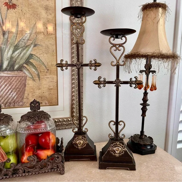 Bronze Fleur de Lis Candle Holder with Intricate Scrollwork